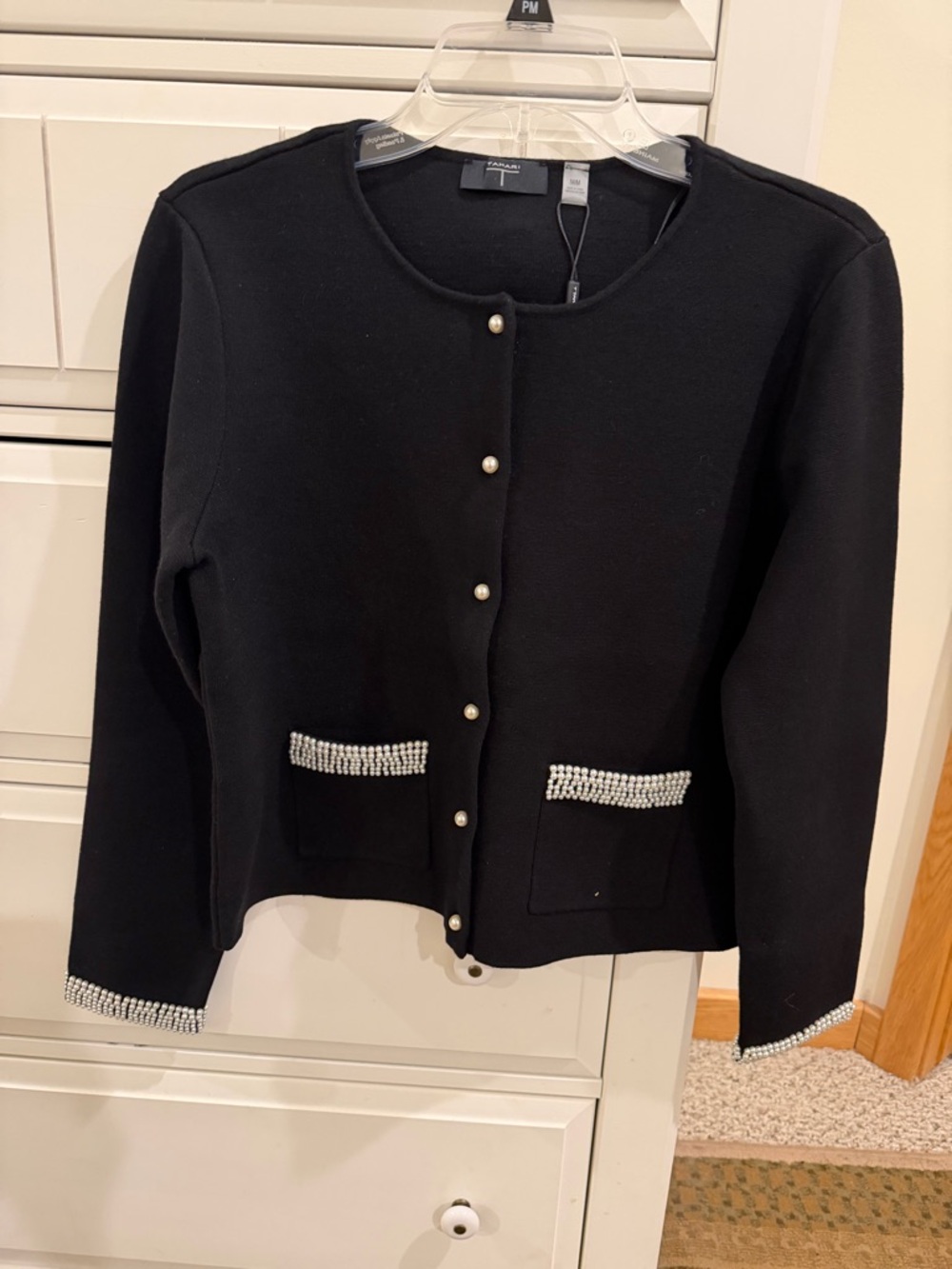 Tahari Black Pearl-Button Knit Blazer with Crystal-Trim Pockets
